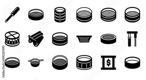 Collection of various kitchen utensils and dishes displayed on a clean white background from a straightforward viewpoint