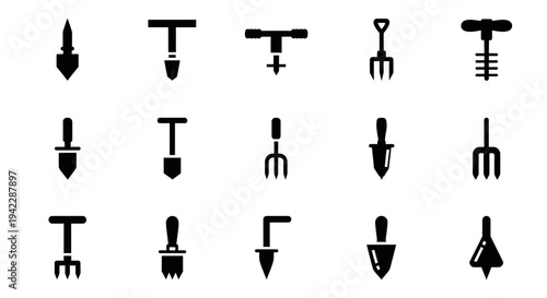 Collection of various garden tools icons arranged in a grid pattern on a white background viewed from a straightforward perspective