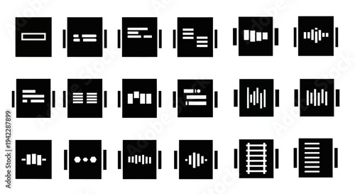 Collection of various black and white icons representing different graphical elements and symbols on a clean background viewed from a straightforward perspective