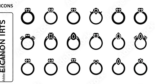 Collection of various ring icons with different designs and gems displayed together