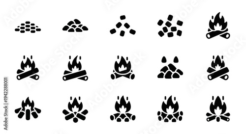 Collection of black icons representing various stages of a campfire setup and burning process displayed on a white background from a straightforward viewpoint