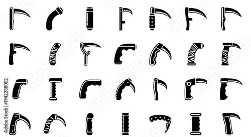 Collection of various scythes depicted in black and white illustrations from different viewpoints.