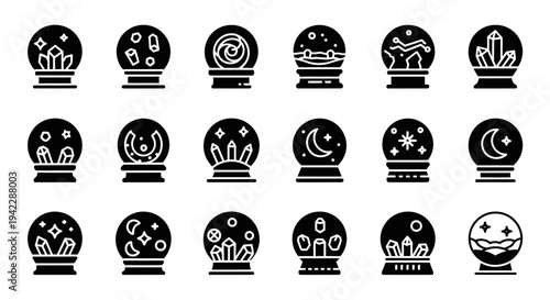 Collection of crystal ball illustrations depicting various celestial and mystical symbols from different cultures and traditions on a clean white backdrop viewed from directly above