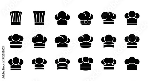 A collection of chef hat icons displayed in a grid pattern on a clean white background from a straightforward viewpoint
