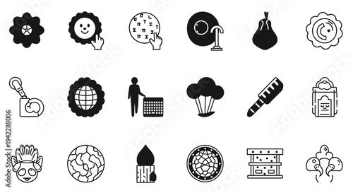 A collection of black and white icons representing various science and technology concepts displayed on a clean white background from a straightforward viewpoint