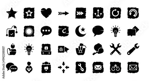 Collection of various black icons representing different concepts and actions on a white background viewed from a straightforward perspective