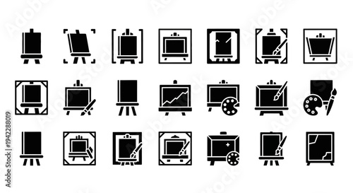 Collection of various black and white icons depicting different types of machinery and equipment on transparent backgrounds