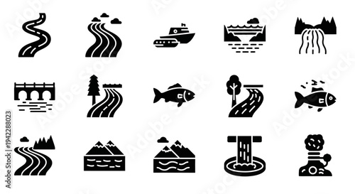 Collection of black icons representing water flow, marine life, and industrial activities on a plain white background from a straightforward viewpoint