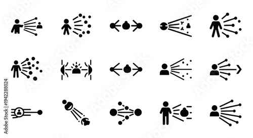 Collection of black icons depicting human interaction and communication on a clean white background from a straightforward viewpoint