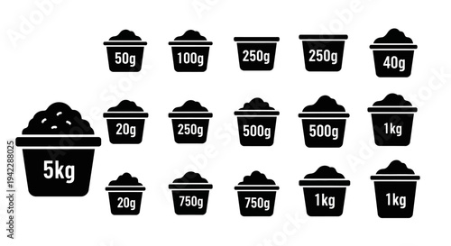 Various sized containers filled with material, possibly coffee or soil, in different capacities from 20g to 5kg displayed together