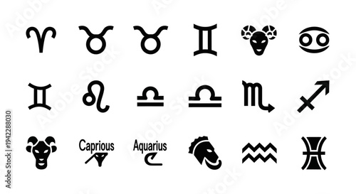 Collection of Astrological Symbols and Zodiac Signs Illustrated in a Modern Flat Design Style