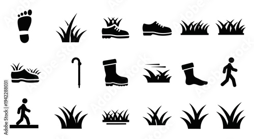 Hiking Footsteps and Footwear Silhouettes in Grassy Terrain Icons