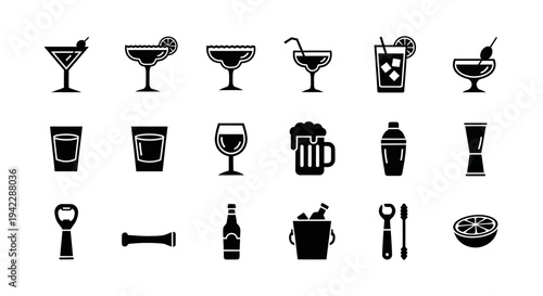 Collection of various cocktail and drink icons, bar tools, and accessories displayed in a grid layout