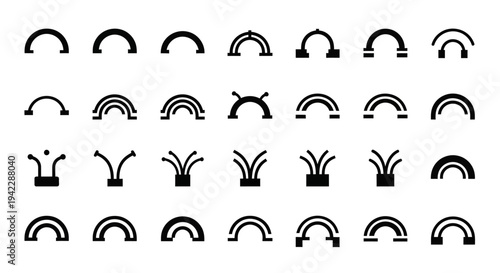 Collection of various black abstract arches and plant illustrations on a uniform background from a straightforward viewpoint