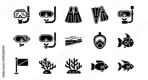 Collection of black and white icons representing scuba diving and marine life on a plain white background viewed from a straightforward perspective