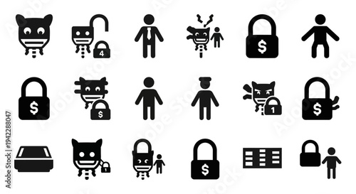 Collection of simple black icons representing security and safety concepts on a clean white background viewed from a straightforward perspective.