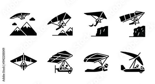 Collection of black hang gliders in various poses and landscapes, illustrated in a simple graphic style