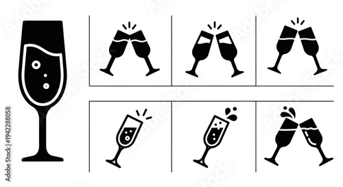 Celebratory champagne glasses clinking together in a festive toast with splashing drinks and joyful moments captured in simple illustrations