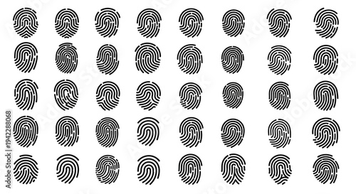 Collection of diverse fingerprint patterns displayed in a grid arrangement on a neutral surface, viewed directly from above.