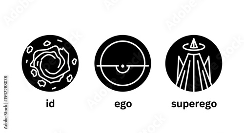 Simplified symbolic representations of psychological concepts id, ego, and superego in minimalist black and white circular icons