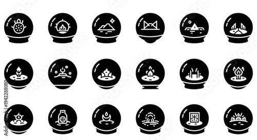Collection of Crystal Balls with Various Symbols and Icons on Black Background Displayed from a Direct Viewpoint