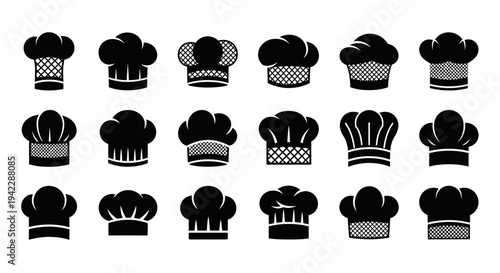 Collection of various chef hats in different designs and patterns displayed together
