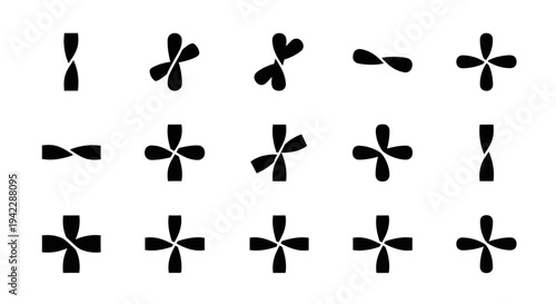 An abstract representation of various flower-like shapes in different configurations and rotations