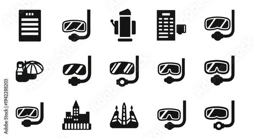 Collection of black travel icons featuring landmarks and adventure gear on a clean white background from a straightforward viewpoint