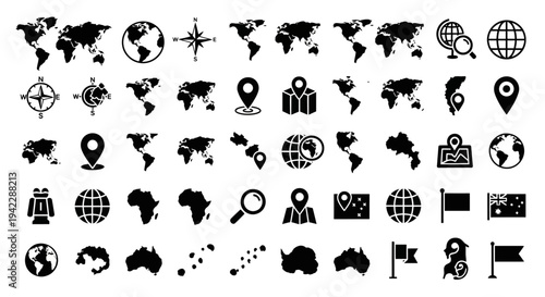 A collection of navigation icons including maps, compass, and location markers, displayed on a clean background from a straightforward viewpoint