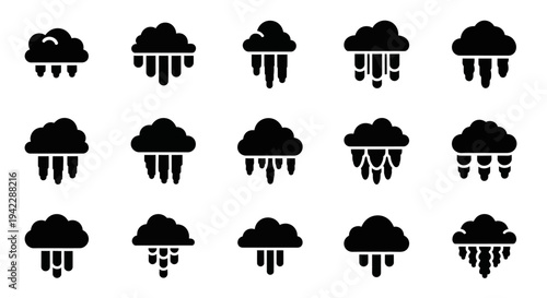 Collection of cloud and rain icons in various forms and sizes displayed together