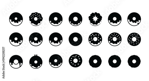 Collection of assorted donuts with various toppings and fillings displayed on a white background from a top-down viewpoint