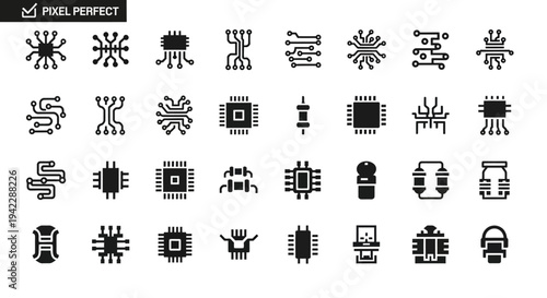 Collection of Simple Microchip and Circuit Icons in Black and White Illustrations