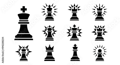 A collection of chess pieces with radiant silhouettes displayed on a plain background from a direct viewpoint