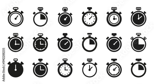 Collection of stopwatches and clocks displayed in a grid pattern on a clean white background from a straightforward viewpoint