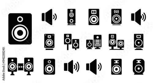 Collection of various speaker icons, sound equipment symbols, and audio device illustrations on a clean white background from a straightforward viewpoint