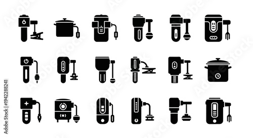 Collection of kitchen appliance icons displayed in a grid pattern on a neutral background from a direct viewpoint