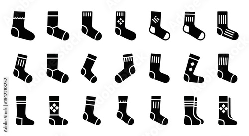 A collection of twenty different sock designs arranged in four rows on a clean white background, showcasing various styles and patterns from a straightforward viewpoint.