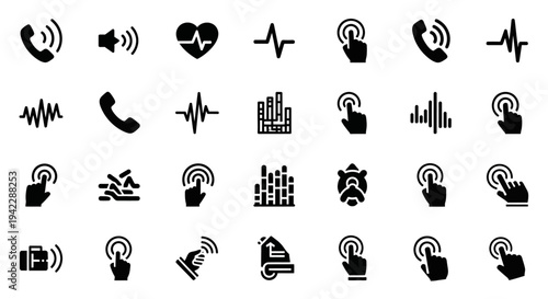 Collection of icons representing communication and technology in a grid layout from a straightforward viewpoint