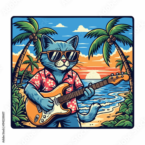 Cartoon Cat Playing Electric Guitar on Beach.