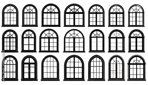 A set of various black window silhouettes on transparent background