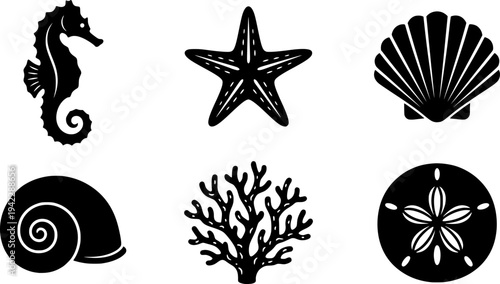 Vintage Marine Sketches Vector Set: Engraved Seashells, Starfish, Seahorse, Coral, Sand Dollar, and Ocean Creatures. Retro Nautical & Underwater Illustration.