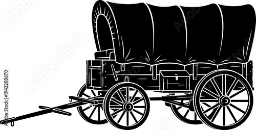 Black and White Vector Illustration of a Covered Wagon
