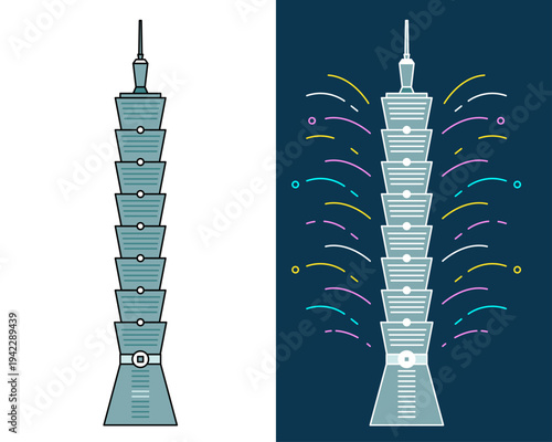 台湾のランドマーク、台北101のベクターイラストセット。シンプルなフラットデザインのビル単体と、華やかな花火があしらわれた夜景バージョンの2種類。台湾旅行、観光ガイド、カウントダウンイベント、台北の都市風景を紹介する広告やバナー、ウェブサイトに最適なアイコン素材。