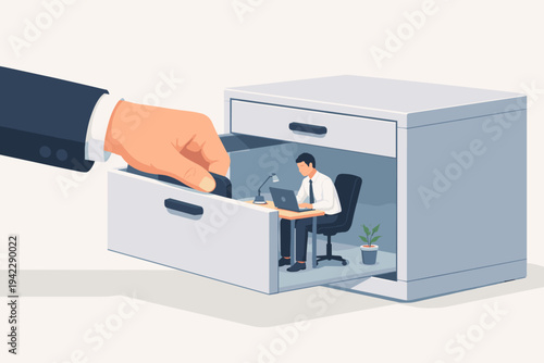 Business vector illustration of a giant hand pulling a filing cabinet drawer with a tiny employee working inside, symbolizing corporate control, micromanagement, and being trapped in a job.