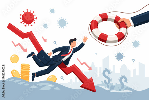Businessman in Suit Falling with Red Downward Arrow and Gold Coins Being Rescued by a Lifebuoy During the Coronavirus Economic Crisis and Global Financial Recession Impact Vector Illustration Art