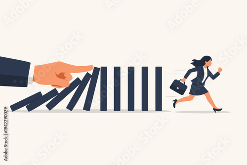 Businesswoman Running Away from Falling Dominoes Pushed by a Giant Hand, Vector Illustration Representing Business Crisis, Chain Reaction, Risk Management, Corporate Failure and Stress Concept