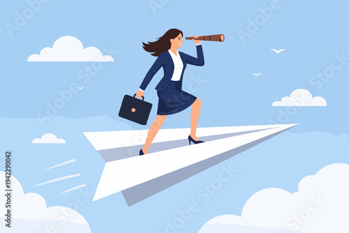 Businesswoman in a professional suit flying on a paper plane through the blue sky, looking through a telescope for future opportunities, career growth, success, leadership, and vision concept.
