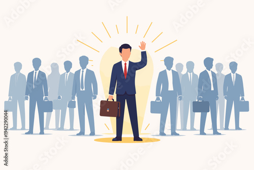 Businessman Standing Out from the Crowd with Creative Idea Light Bulb, Leadership and Success Concept, Recruitment and Talent Search Illustration, Professional Man in Blue Suit Waving Hand.