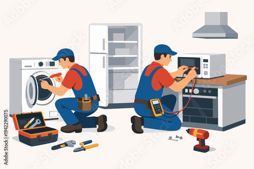 Professional repairmen in blue overalls fixing home appliances including a washing machine, microwave, and refrigerator using tools like a multimeter and screwdriver in a flat vector style.