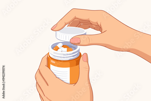 Flat vector illustration of a female hand opening an orange plastic medicine bottle full of white and orange capsules. Concept of healthcare, pharmacy, prescription drugs, and medical treatment.
